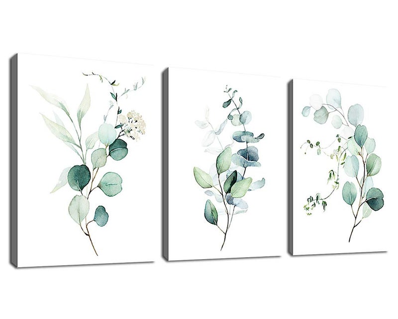 NINEASO Green Leaf Wall Art - Eucalyptus Canvas Pictures, Watercolor Modern Bohemia Botanical Artwork, Contemporary Minimalism Canvas Art Prints for Bedroom Living Room Wall Decor, 12" x - Image 1